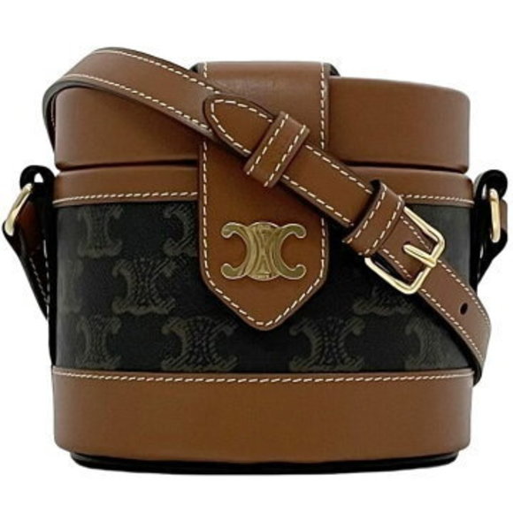 Celine Tambour Shoulder Bag Brown Triomphe Bucket Crossbody - Picture 1 of 9